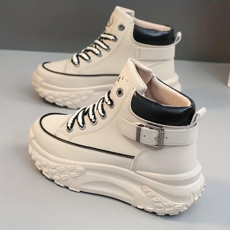 Comfortable High Top Platform Sneakers for Women - Trendy Lace Up Outdoor Shoes in Faux Leather
