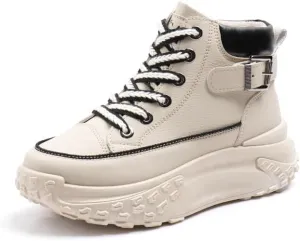 Comfortable High Top Platform Sneakers for Women - Trendy Lace Up Outdoor Shoes in Faux Leather