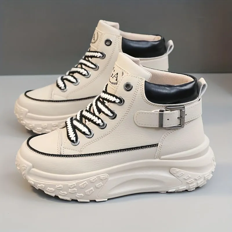 Comfortable High Top Platform Sneakers for Women - Trendy Lace Up Outdoor Shoes in Faux Leather