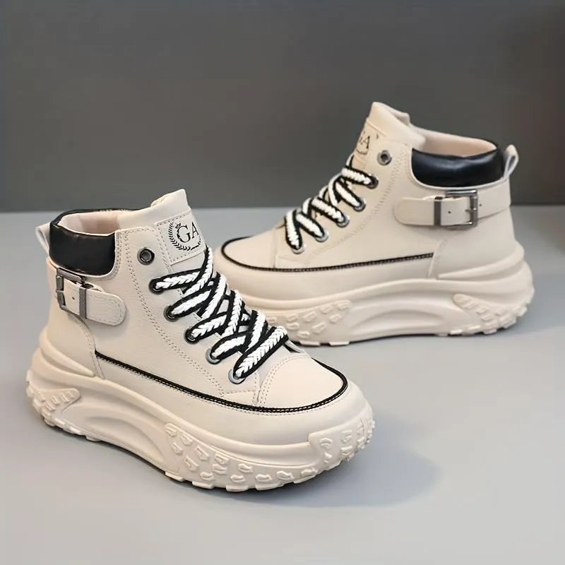 Comfortable High Top Platform Sneakers for Women - Trendy Lace Up Outdoor Shoes in Faux Leather