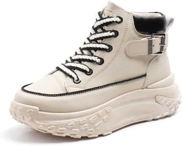 Comfortable High Top Platform Sneakers for Women - Trendy Lace Up Outdoor Shoes in Faux Leather