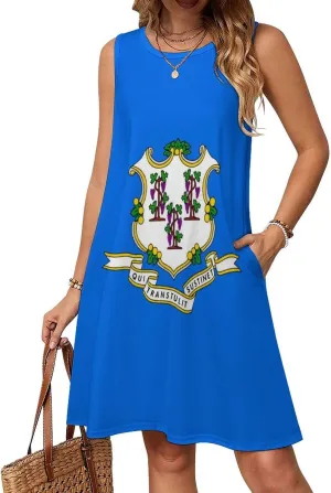 Connecticut State Flag Women's Summer Dress Sleeveless Casual Loose Beach Vacation Tank Sundress