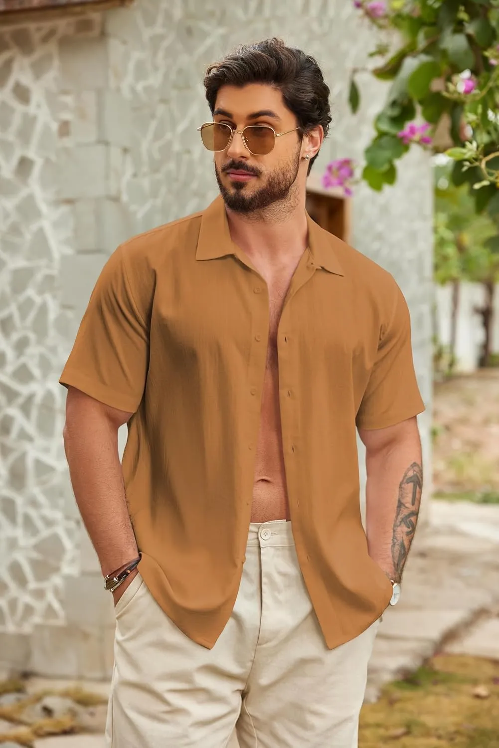 COOFANDY Men's Casual Button Down Shirts Short Sleeve Wrinkle-Free Summer Beach Wear