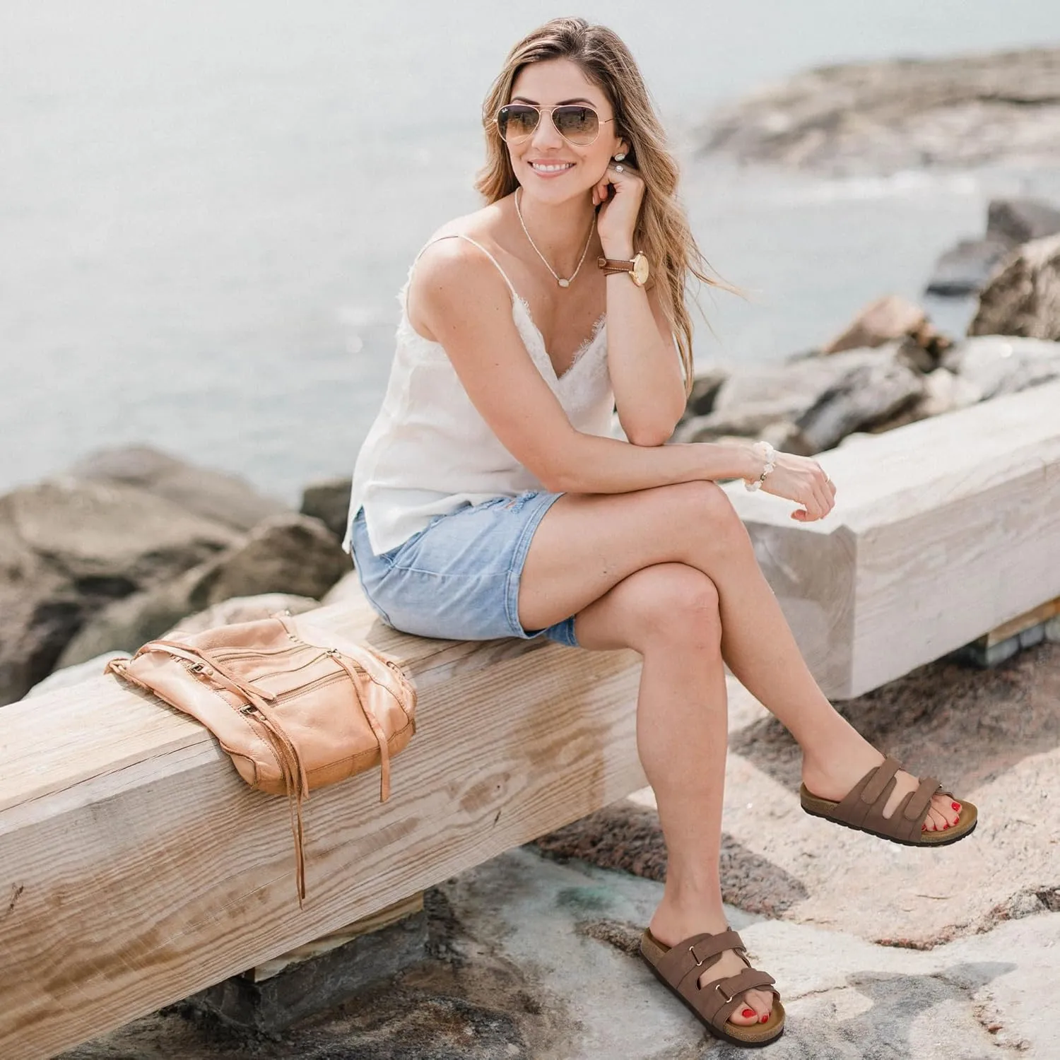 Cork Footbed Sandals for Women: Comfortable Arch Support Slides for Beach Walking Summer Vacation