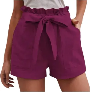 Cotton Linen Shorts for Women Summer 2024 Casual Tie Waist Wide Leg Lounge Shorts Beach Vacation Paperbag Shorts