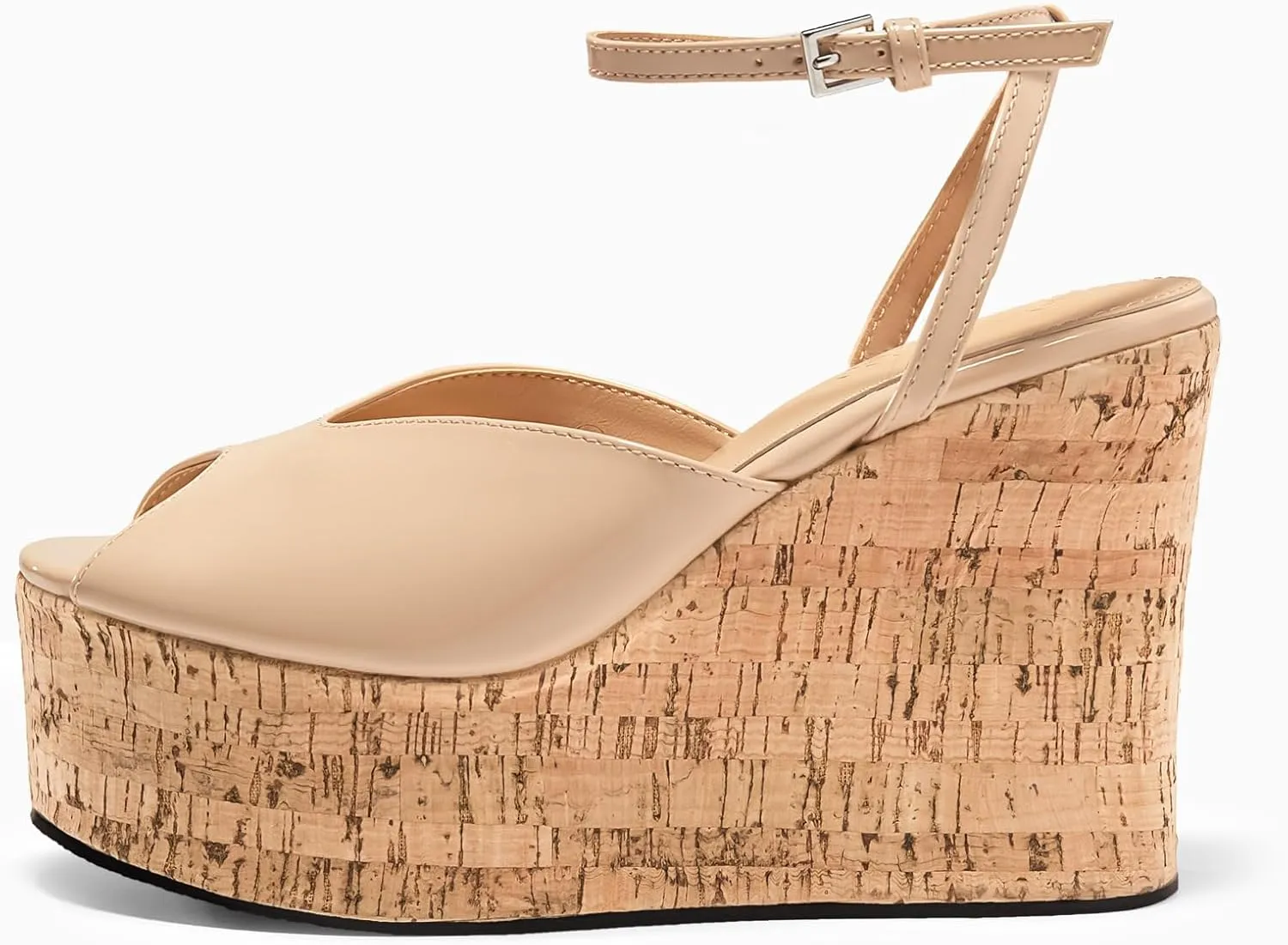 Coutgo Womens Platform Wedge Sandals Cork Dressy Peep Toe Ankle Buckle Strap High Heels Summer Shoes