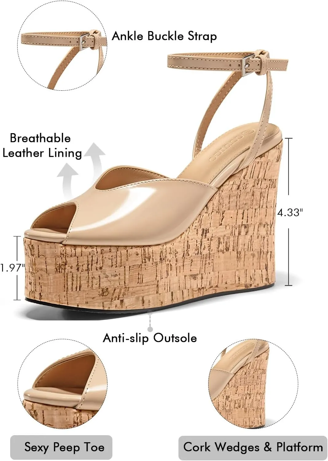 Coutgo Womens Platform Wedge Sandals Cork Dressy Peep Toe Ankle Buckle Strap High Heels Summer Shoes