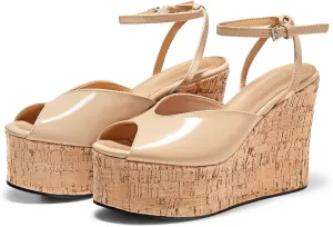 Coutgo Womens Platform Wedge Sandals Cork Dressy Peep Toe Ankle Buckle Strap High Heels Summer Shoes