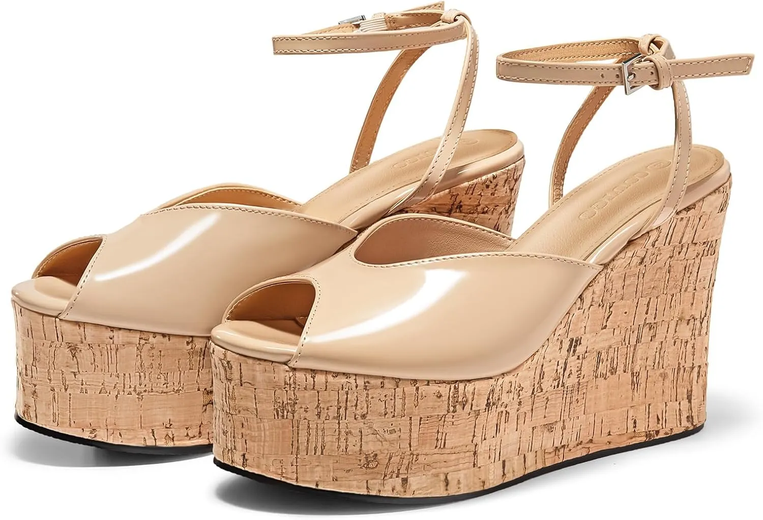 Coutgo Womens Platform Wedge Sandals Cork Dressy Peep Toe Ankle Buckle Strap High Heels Summer Shoes