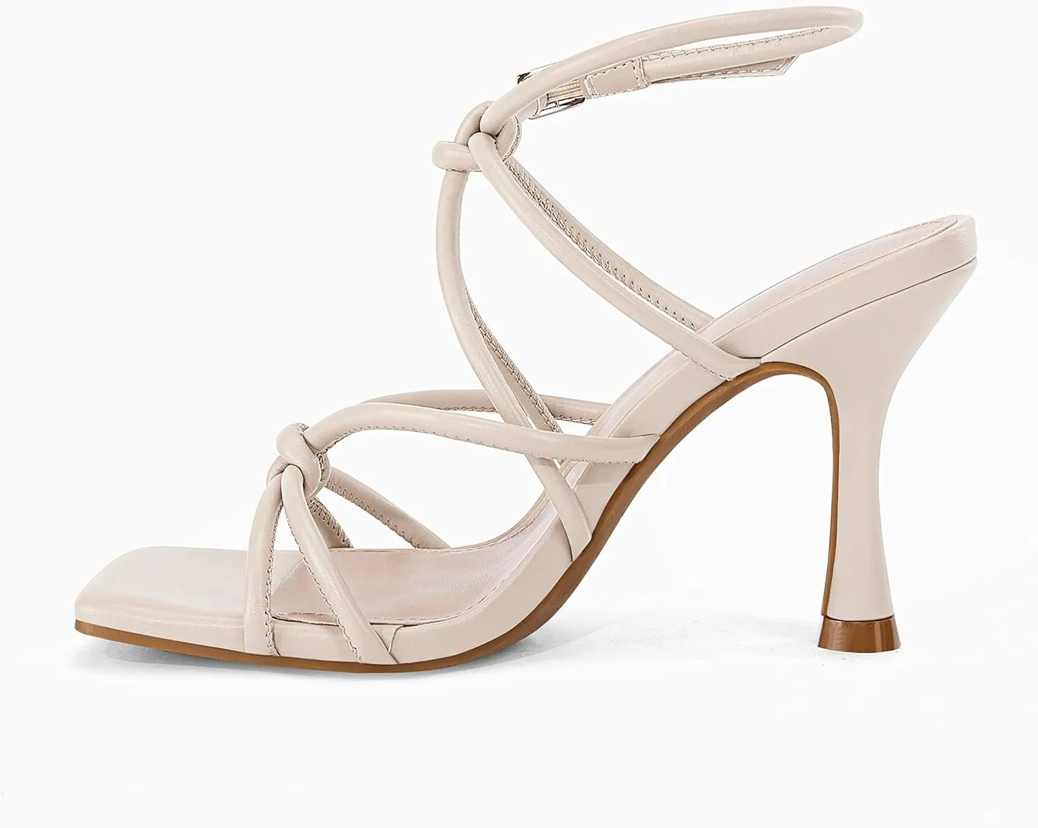 Coutgo Womens Strappy Heels Sandals Kitten Heeled Square Toe Ankle Strap Buckle Gladiator Stilettos Dress Party Shoes