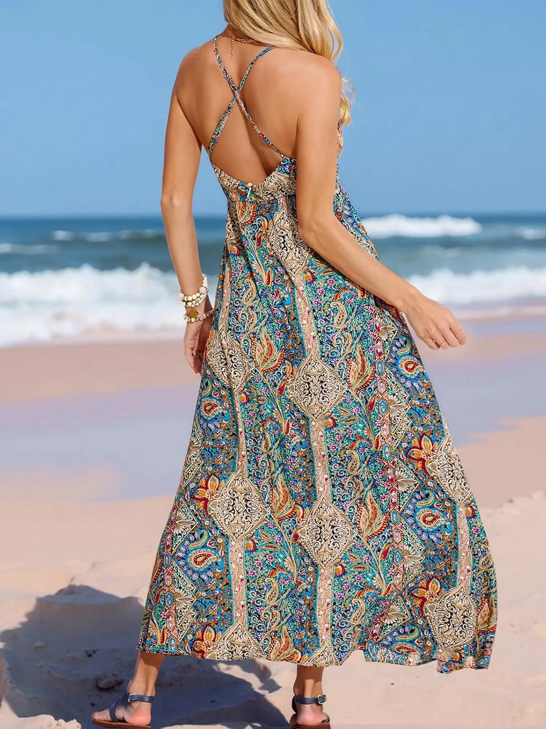 CUPSHE Womens Summer Maxi Dress 2025 Sleeveless Long Sundresses Spaghetti Strap Flowy Boho Beach Vacation Dress