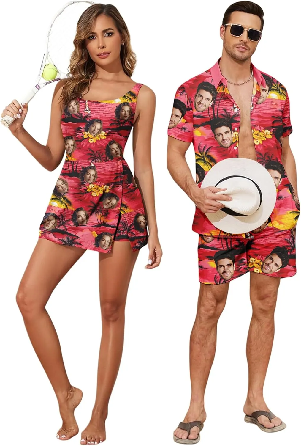 Custom Matching Hawaiian Outfits for Couples Personalized Beach Vacation Tropical Print Men Shirt Suit