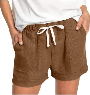 Cute Beach Shorts for Women Dressy Casual Summer Elastic Waist Drawstring Eyelet Shorts with Pockets Resort Wear