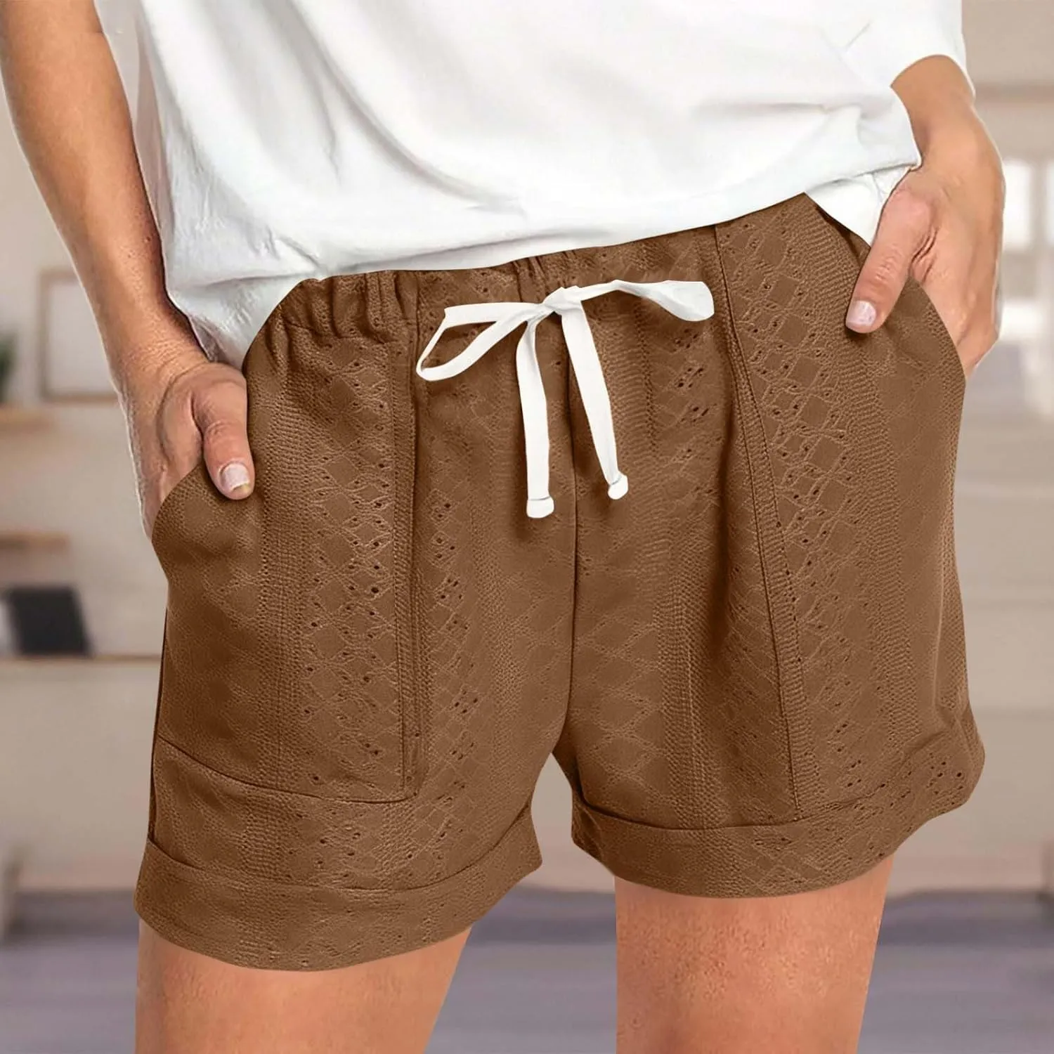 Cute Beach Shorts for Women Dressy Casual Summer Elastic Waist Drawstring Eyelet Shorts with Pockets Resort Wear