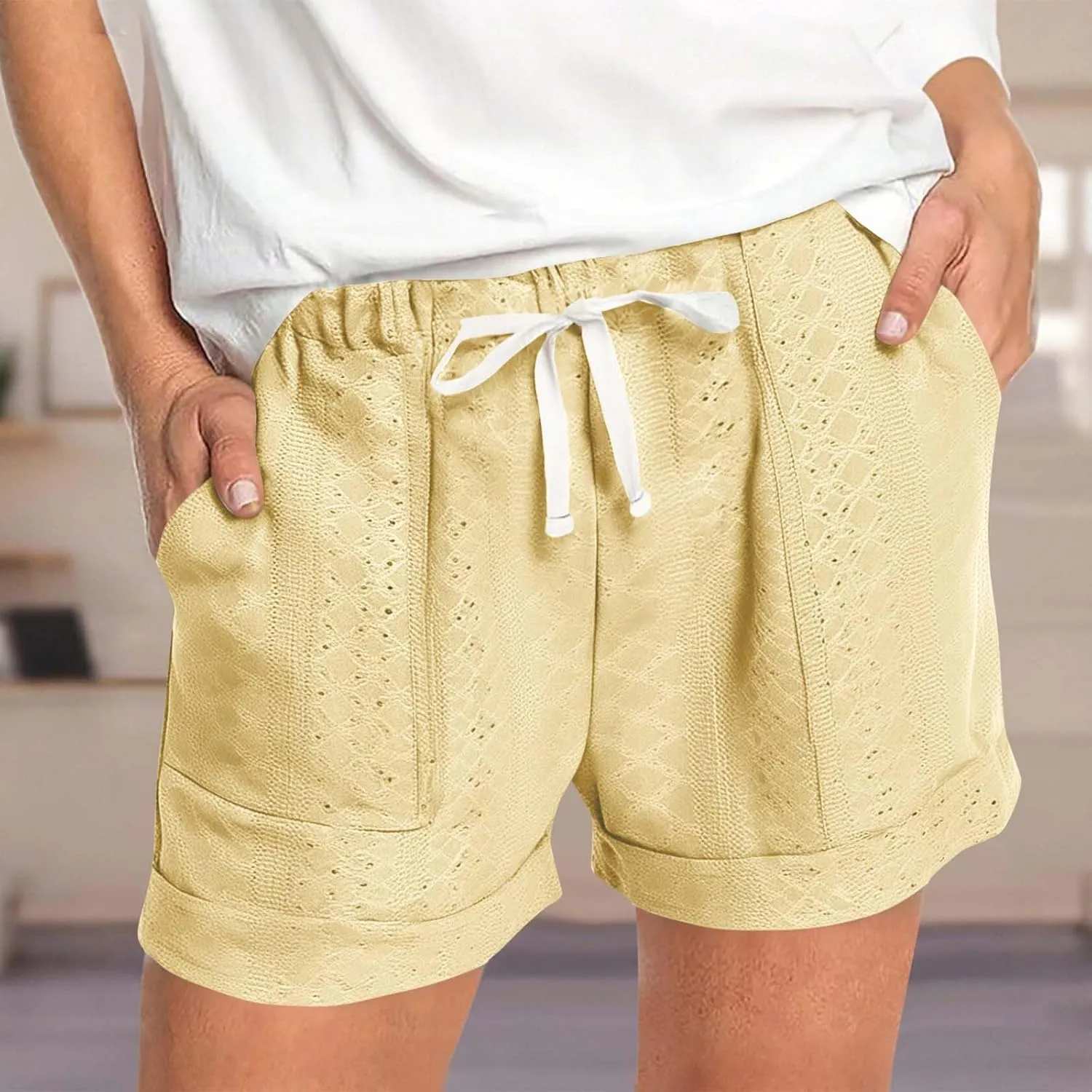 Cute Beach Shorts for Women Dressy Casual Summer Elastic Waist Drawstring Eyelet Shorts with Pockets Resort Wear