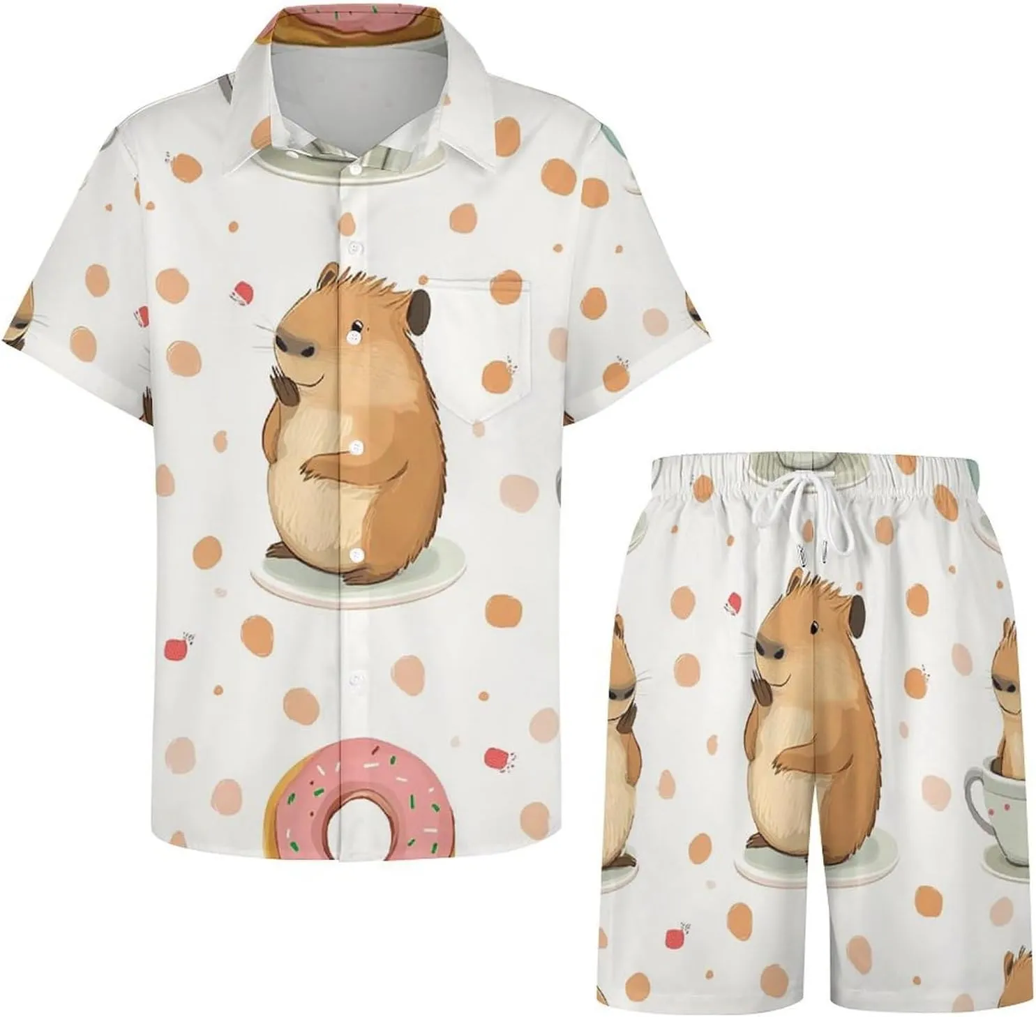 Cute Capybar on DotsMen's Two-Piece Casual Short-Sleeved Shirt Summer Loose Vacation Suit