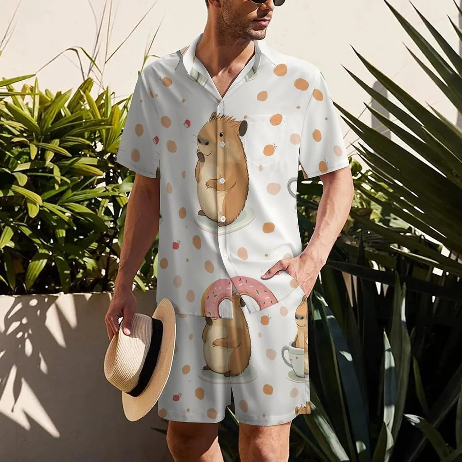 Cute Capybar on DotsMen's Two-Piece Casual Short-Sleeved Shirt Summer Loose Vacation Suit