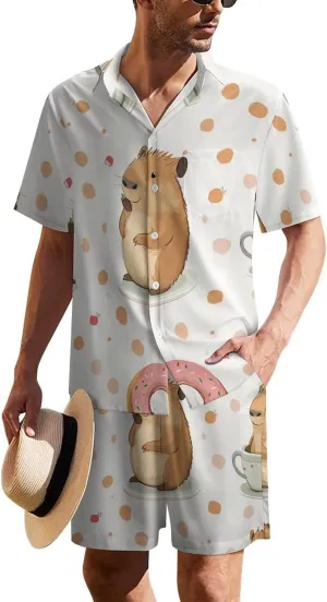 Cute Capybar on DotsMen's Two-Piece Casual Short-Sleeved Shirt Summer Loose Vacation Suit