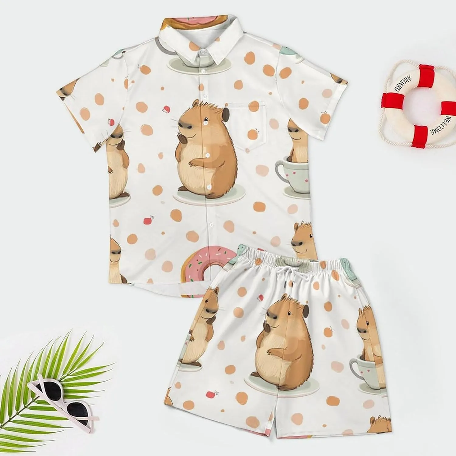 Cute Capybar on DotsMen's Two-Piece Casual Short-Sleeved Shirt Summer Loose Vacation Suit