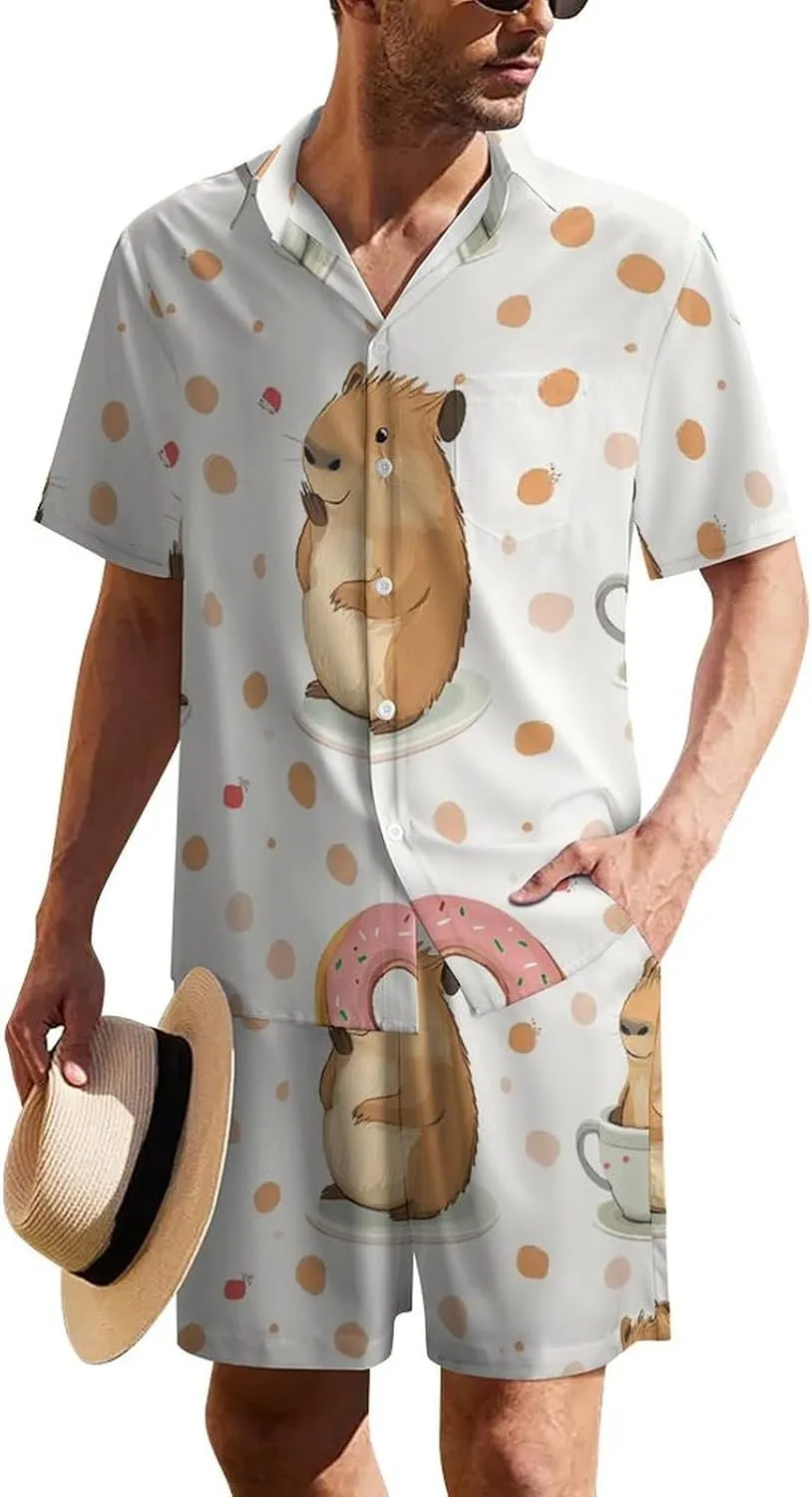 Cute Capybar on DotsMen's Two-Piece Casual Short-Sleeved Shirt Summer Loose Vacation Suit