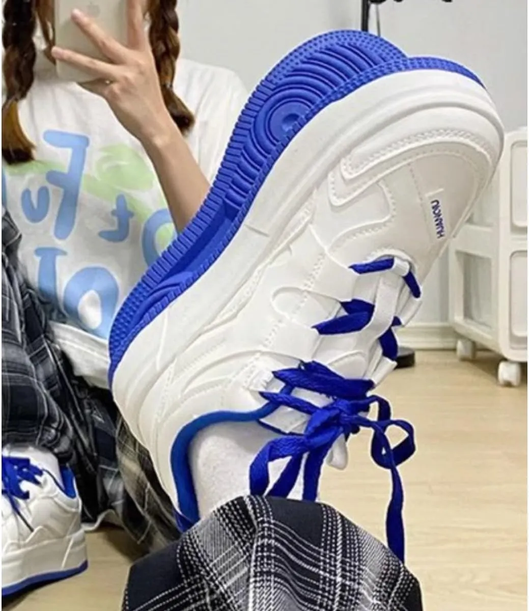Cute Cloud Kicks Fashion Sneakers for Women and Teen Girls | Trendy White Platform Shoes with Pink/Blue Accent | Korean Style Streetwear