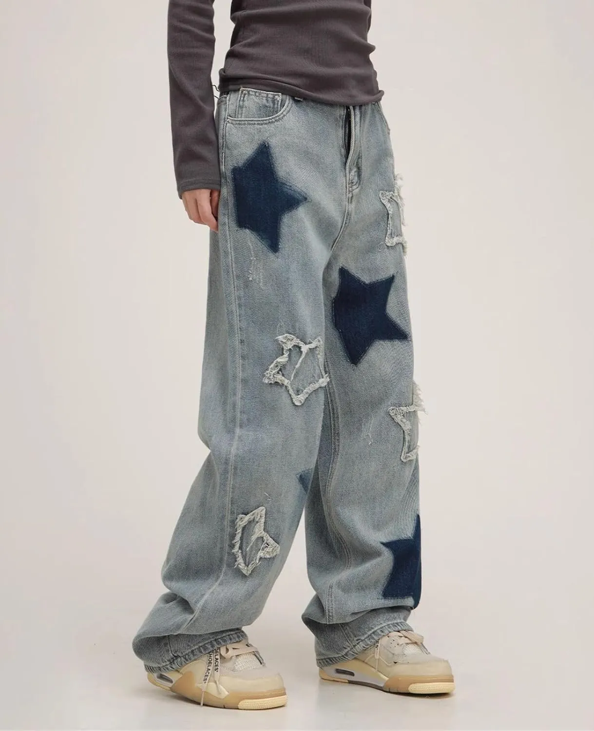 Cute Jeans for Women Girls Star Patchwork Pants Y2K High Waisted Straight Leg Baggy Jean Casual Preppy Clothes