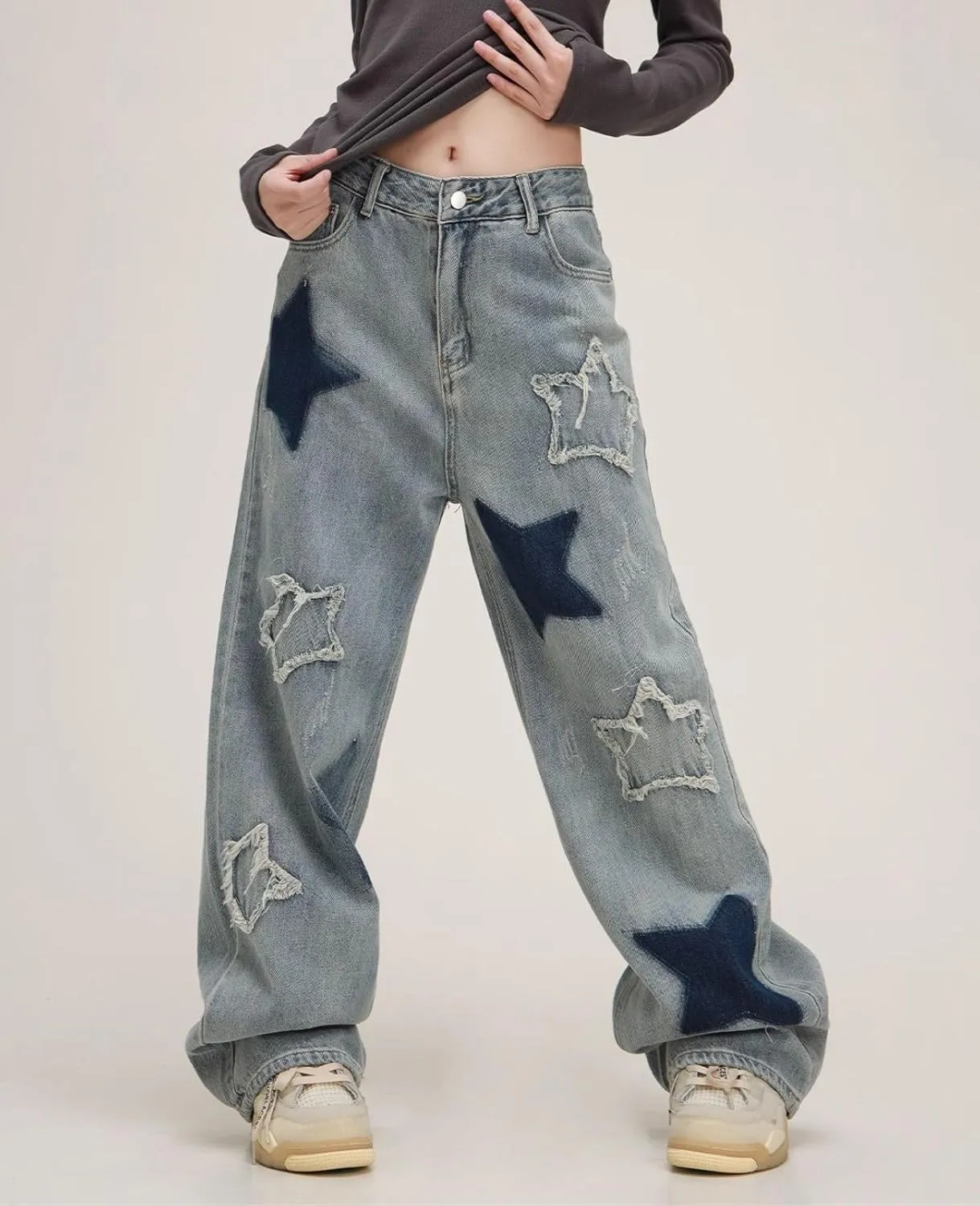 Cute Jeans for Women Girls Star Patchwork Pants Y2K High Waisted Straight Leg Baggy Jean Casual Preppy Clothes