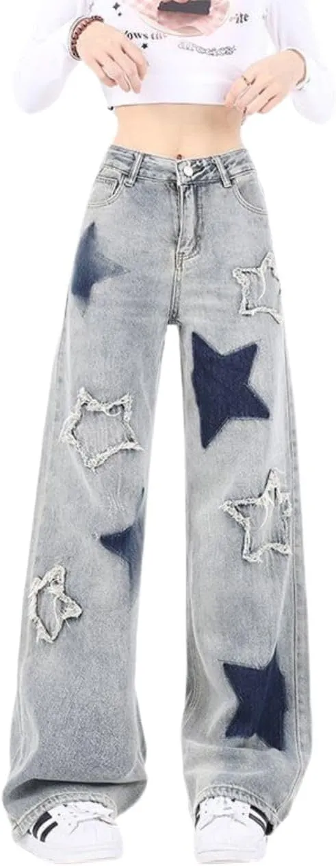 Cute Jeans for Women Girls Star Patchwork Pants Y2K High Waisted Straight Leg Baggy Jean Casual Preppy Clothes