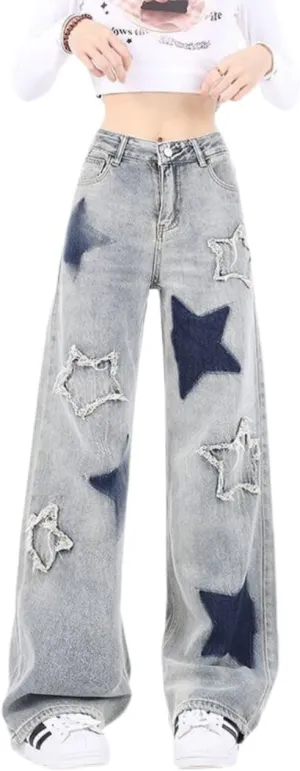 Cute Jeans for Women Girls Star Patchwork Pants Y2K High Waisted Straight Leg Baggy Jean Casual Preppy Clothes