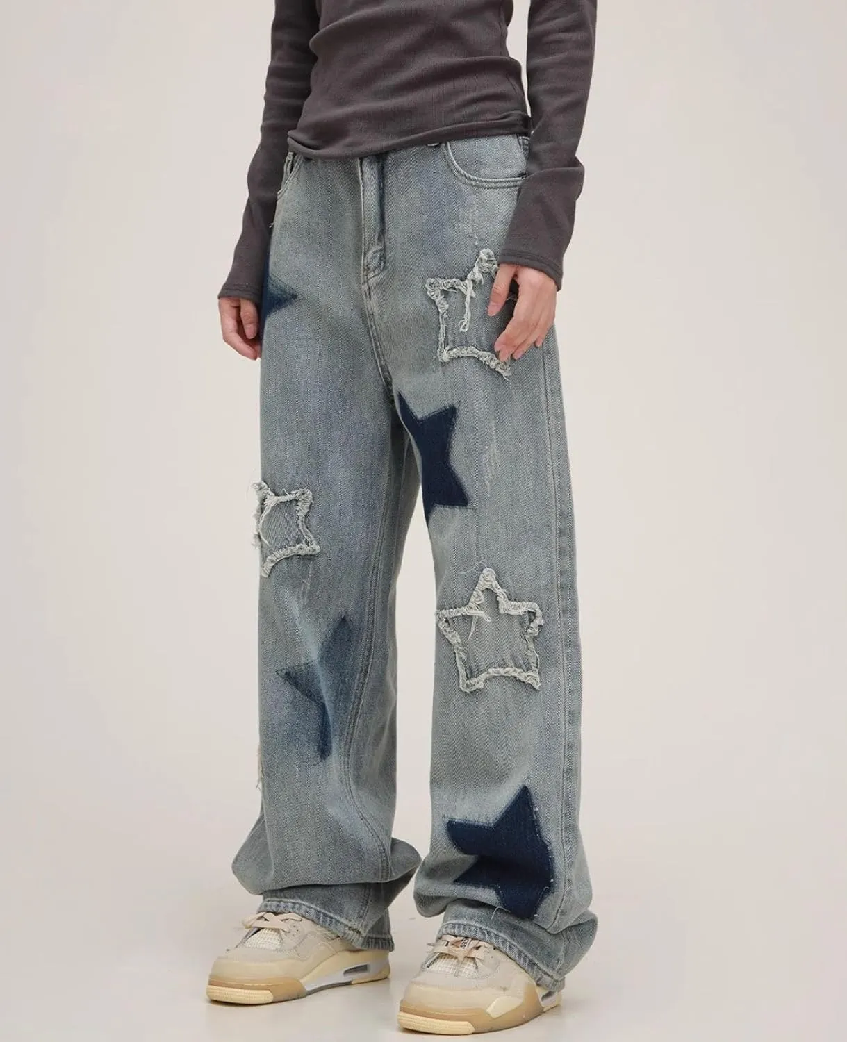 Cute Jeans for Women Girls Star Patchwork Pants Y2K High Waisted Straight Leg Baggy Jean Casual Preppy Clothes