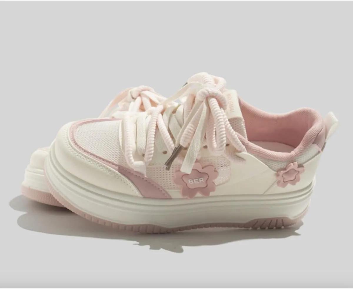 Cute Teen Girls Platform Sneakers with Flower Charm Kawaii Fashion Shoes with Double Laces, Breathable Mesh, Lightweight Casual Walking Shoes (Beige/Pink/Yellow)