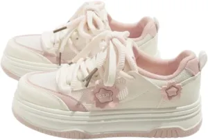 Cute Teen Girls Platform Sneakers with Flower Charm Kawaii Fashion Shoes with Double Laces, Breathable Mesh, Lightweight Casual Walking Shoes (Beige/Pink/Yellow)