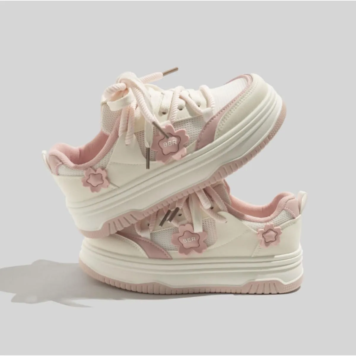 Cute Teen Girls Platform Sneakers with Flower Charm Kawaii Fashion Shoes with Double Laces, Breathable Mesh, Lightweight Casual Walking Shoes (Beige/Pink/Yellow)