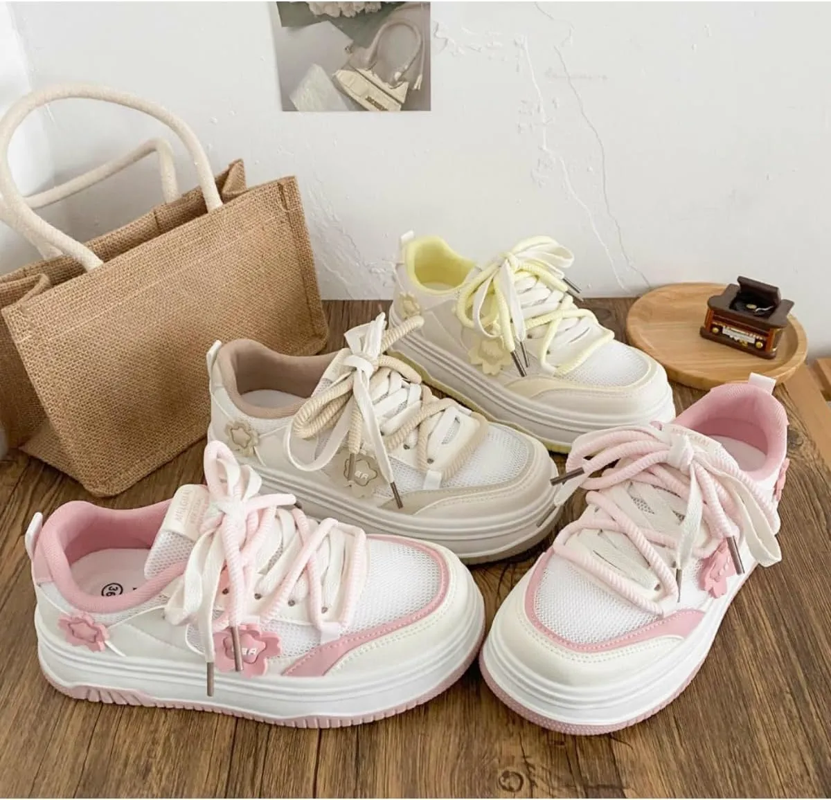 Cute Teen Girls Platform Sneakers with Flower Charm Kawaii Fashion Shoes with Double Laces, Breathable Mesh, Lightweight Casual Walking Shoes (Beige/Pink/Yellow)