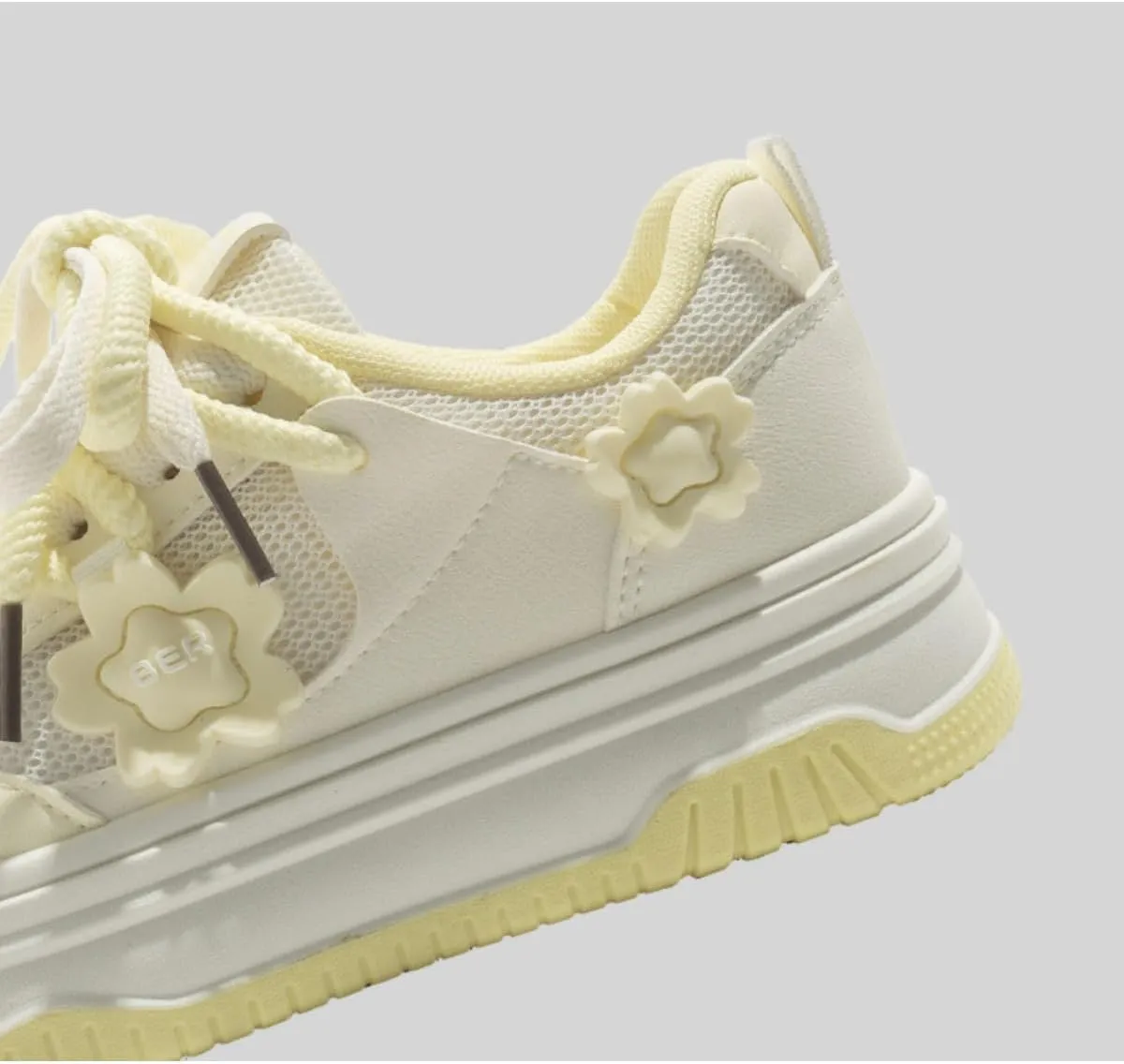 Cute Teen Girls Platform Sneakers with Flower Charm Kawaii Fashion Shoes with Double Laces, Breathable Mesh, Lightweight Casual Walking Shoes (Beige/Pink/Yellow)