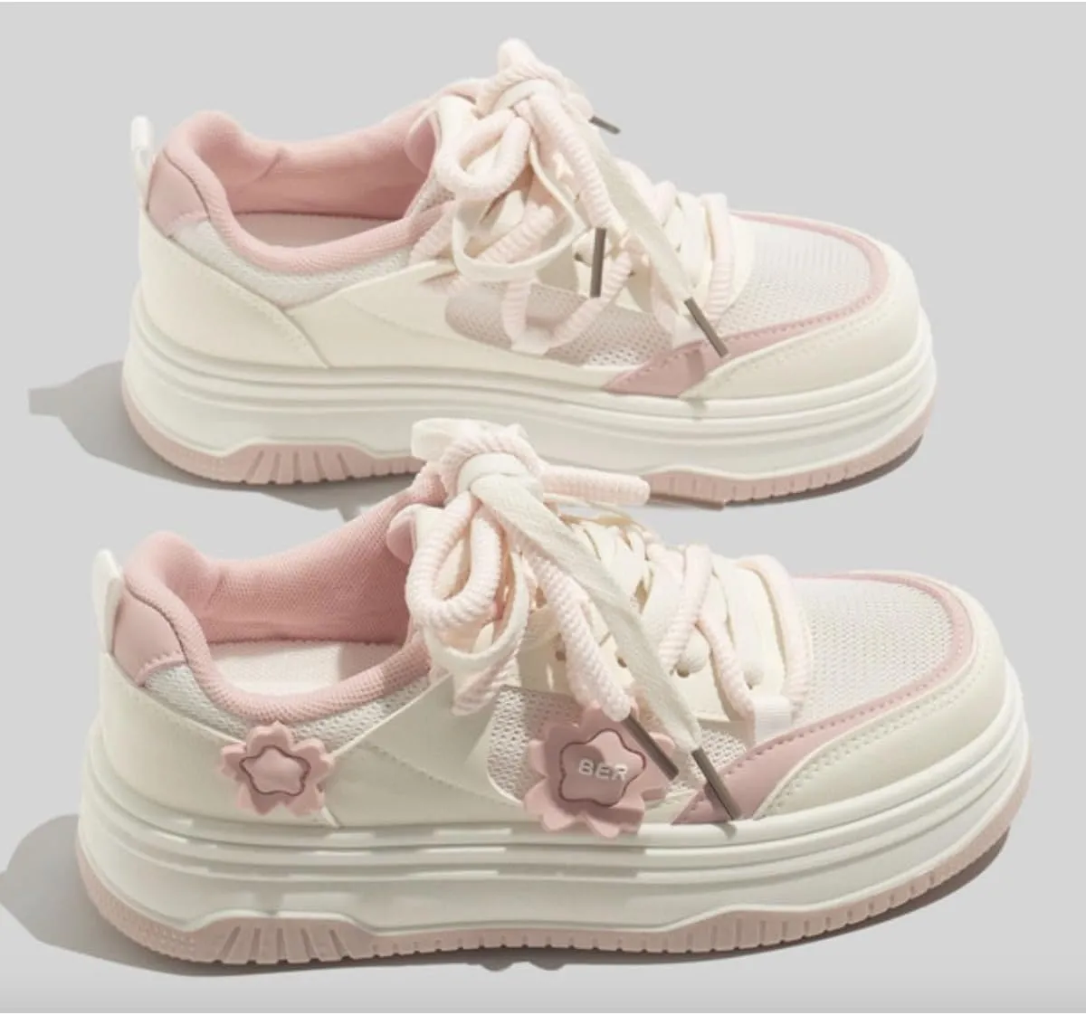Cute Teen Girls Platform Sneakers with Flower Charm Kawaii Fashion Shoes with Double Laces, Breathable Mesh, Lightweight Casual Walking Shoes (Beige/Pink/Yellow)