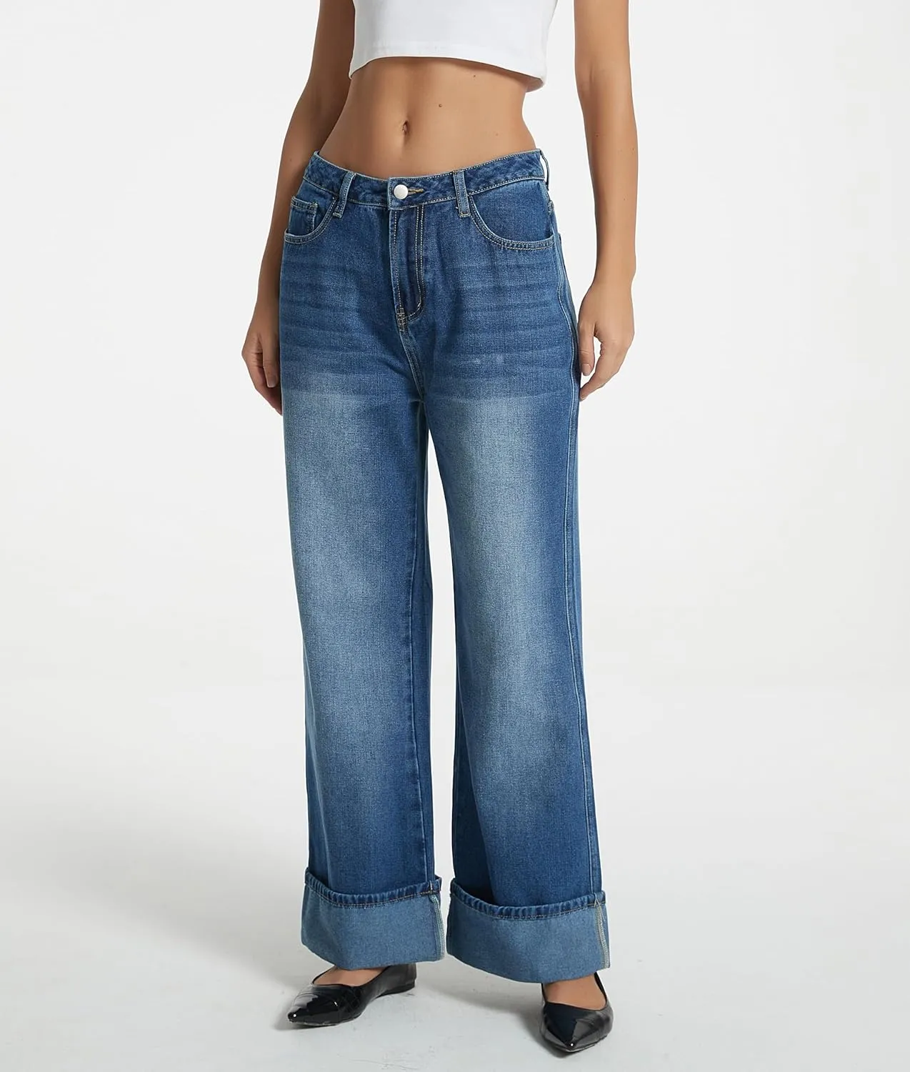 D-Sun Women Cuffed Wide Leg Jeans Baggy High Rise Casual Trendy Relaxed Denim Pants with Pockets