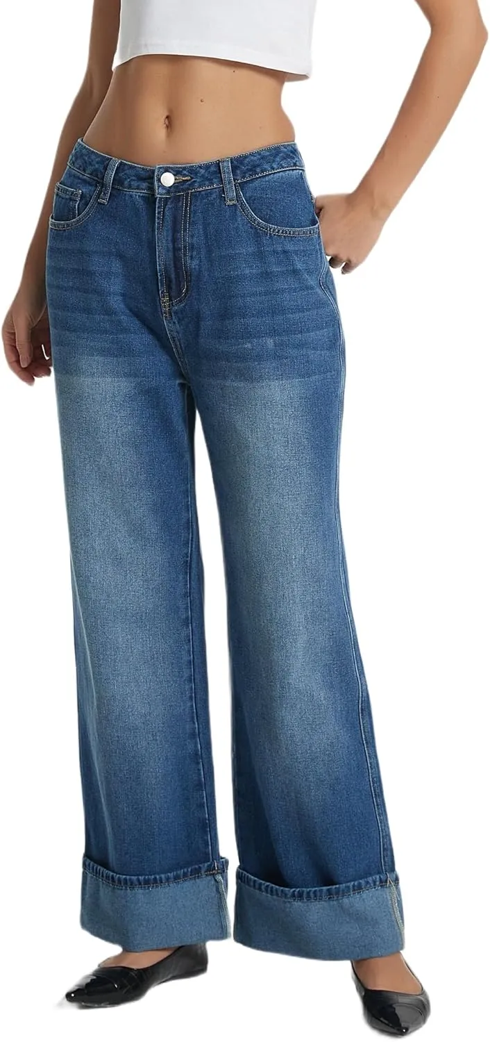 D-Sun Women Cuffed Wide Leg Jeans Baggy High Rise Casual Trendy Relaxed Denim Pants with Pockets