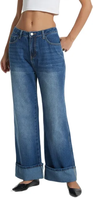 D-Sun Women Cuffed Wide Leg Jeans Baggy High Rise Casual Trendy Relaxed Denim Pants with Pockets
