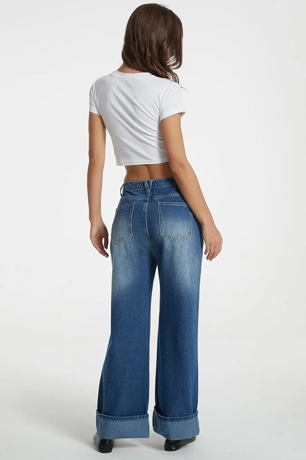 D-Sun Women Cuffed Wide Leg Jeans Baggy High Rise Casual Trendy Relaxed Denim Pants with Pockets