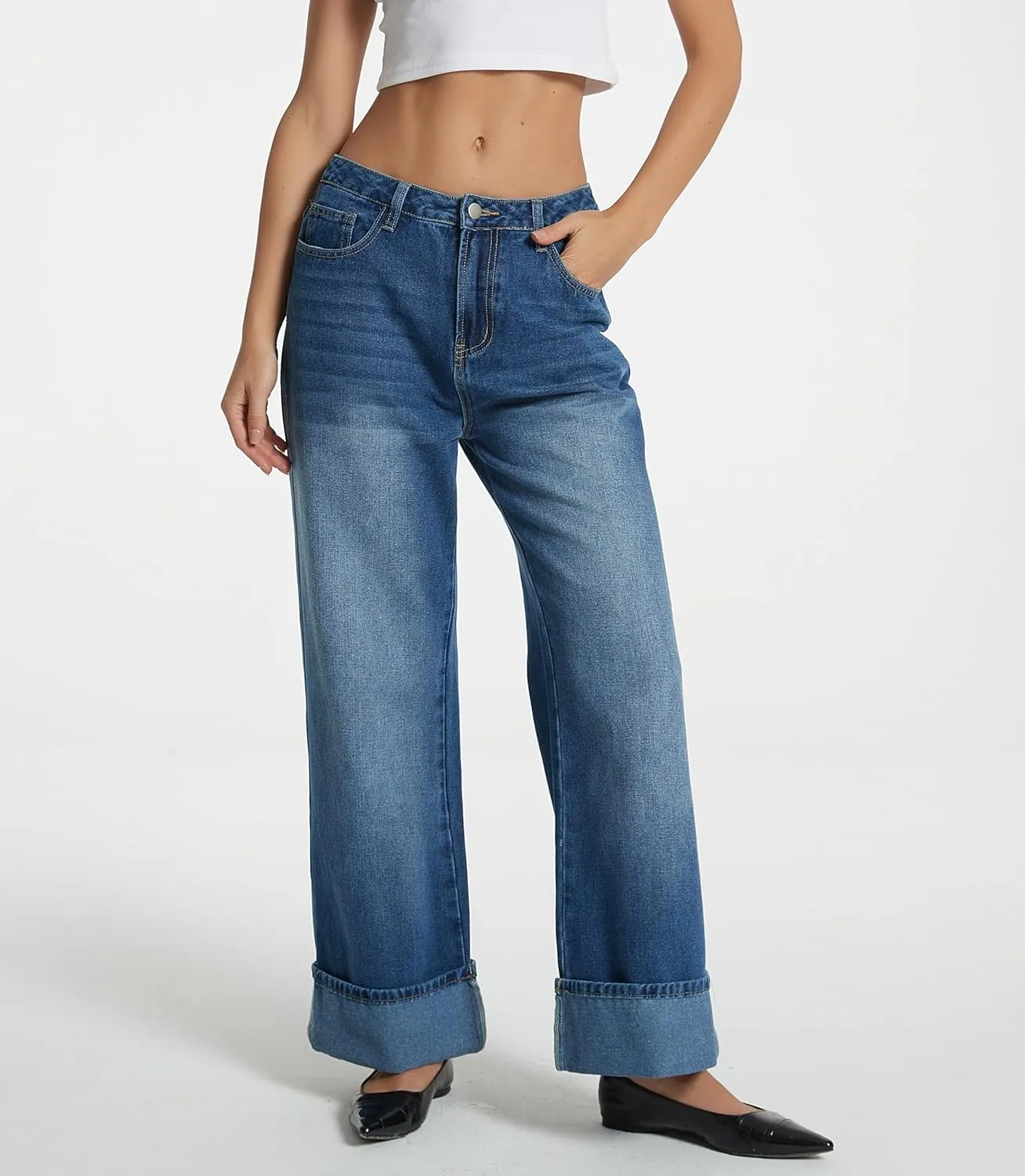 D-Sun Women Cuffed Wide Leg Jeans Baggy High Rise Casual Trendy Relaxed Denim Pants with Pockets