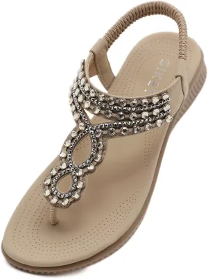 DKCHENH Womens Sandals Shoes Comfort Walking for Summer: Non Slip Casual Beach Shoes, Adorned with Ankle Elastic and Stunning Jeweled Bohemian Flats