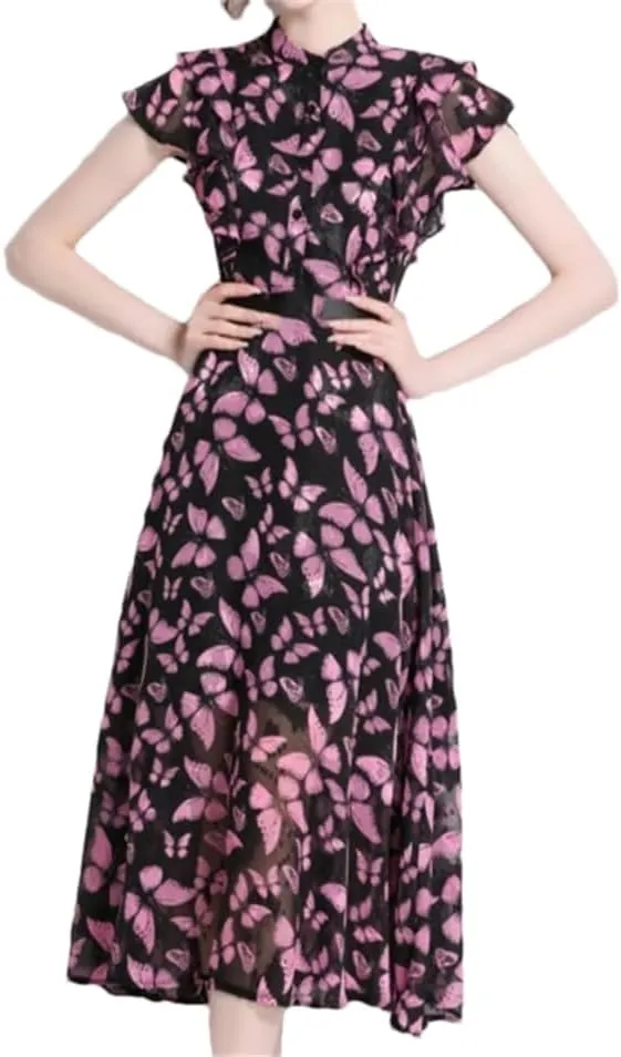 Dndrdhfb Women Chiffon Resort Dress Long Printed Layered A-Line Maxi Dress