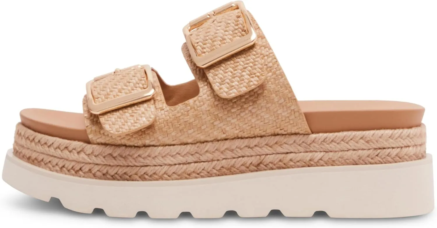 DOEYG Raffia Platform Wedges Sandals for Women Summer Beach Slide Sandals Comfortable Casual Woven Straw Crochet Open Toe Flatform Sandal