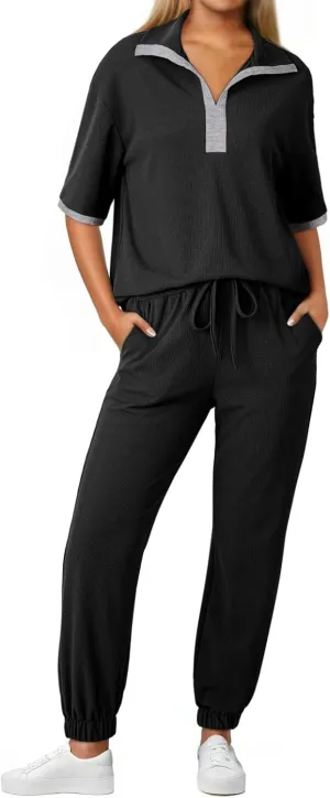 Dokotoo 2 Piece Sets for Women Summer Lapel V Neck Short Sleeve Tops Long Pants Tracksuit Lounge Jogger Set with Pockets