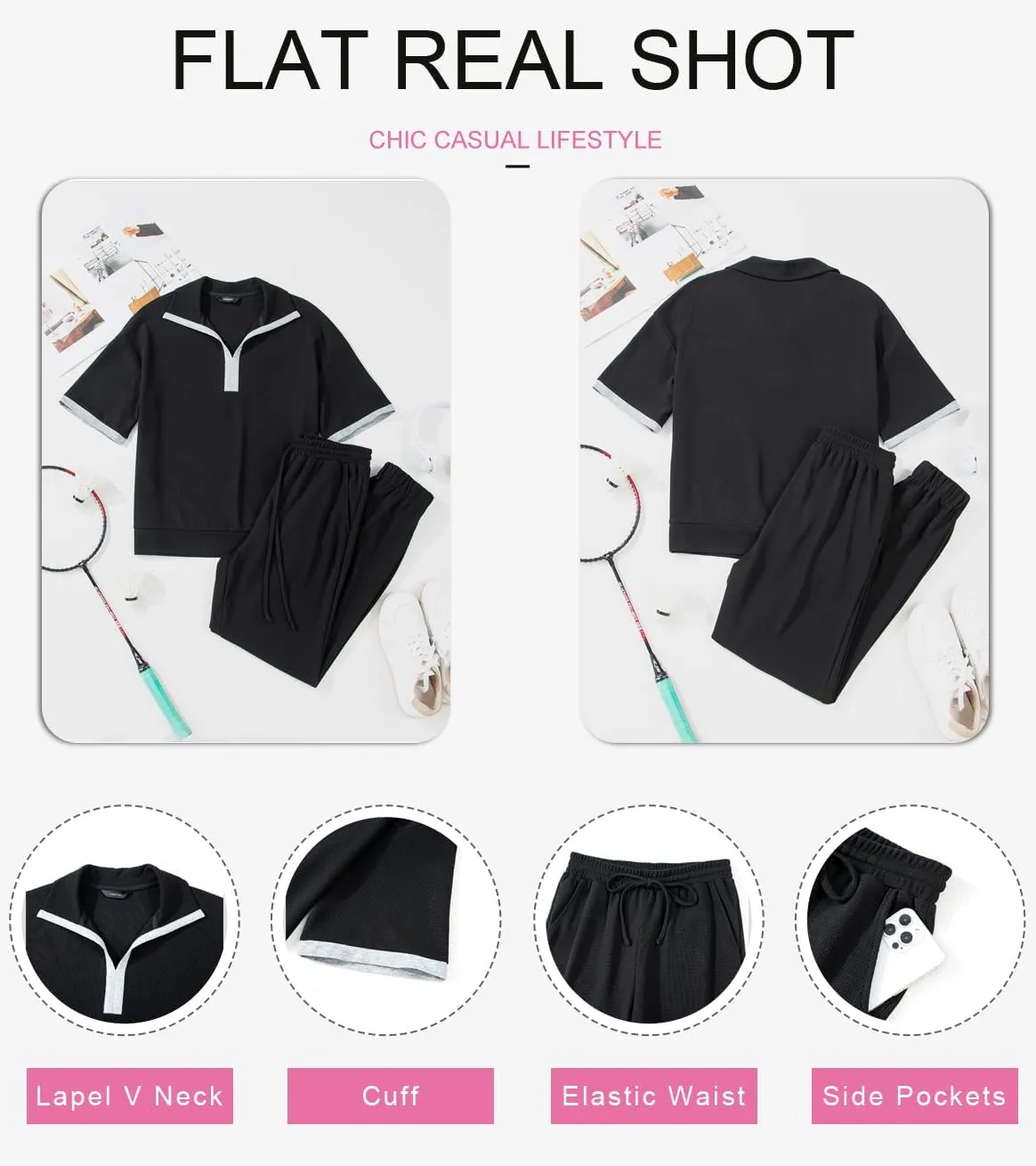 Dokotoo 2 Piece Sets for Women Summer Lapel V Neck Short Sleeve Tops Long Pants Tracksuit Lounge Jogger Set with Pockets