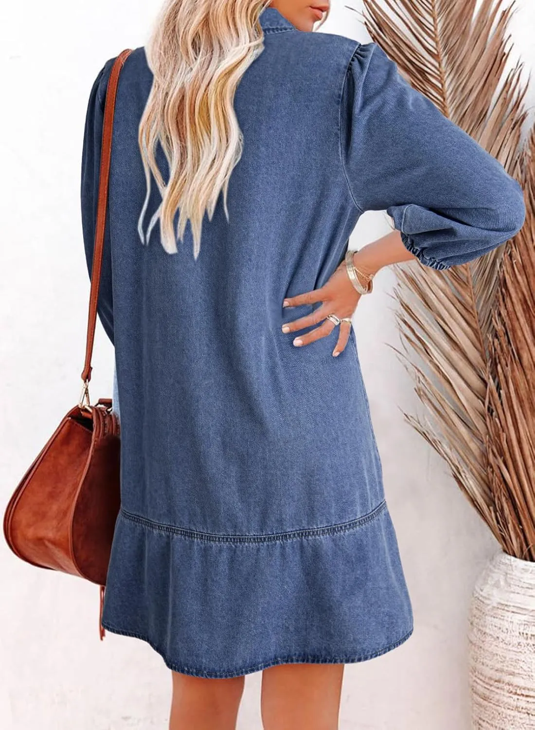 Dokotoo Denim Dress for Women Summer Casual Babydoll 2025 V Neck 3/4 Puff Sleeve Jean Dresses