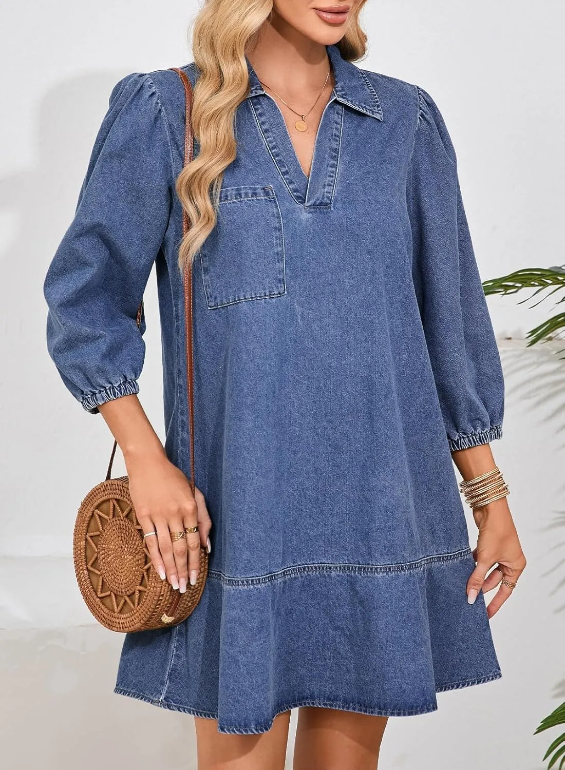 Dokotoo Denim Dress for Women Summer Casual Babydoll 2025 V Neck 3/4 Puff Sleeve Jean Dresses