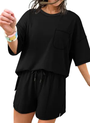 Dokotoo Summer Two Piece Sets for Women Casual Short Sleeve Shirts and Drawstring Shorts Lounge Sets
