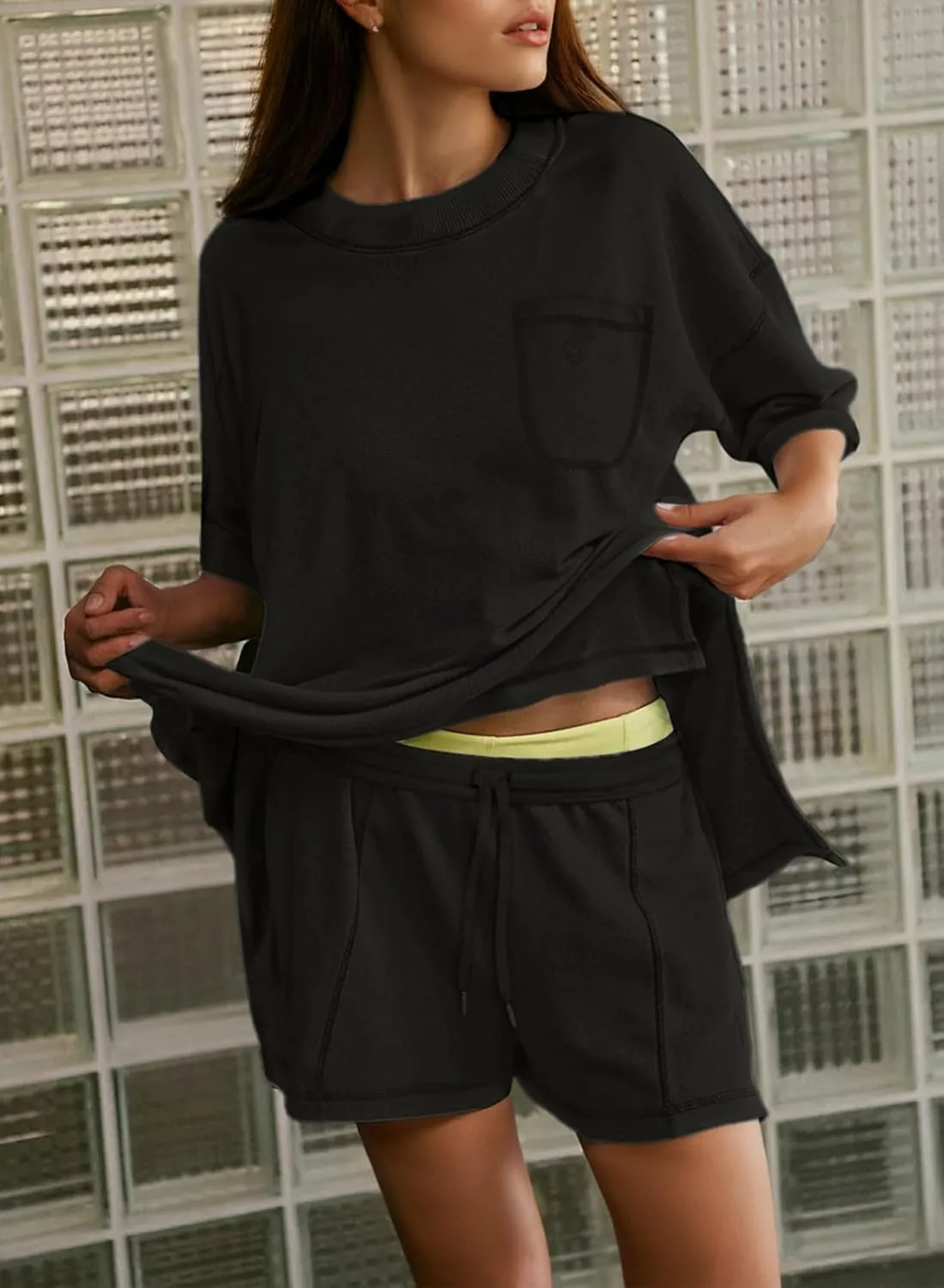 Dokotoo Summer Two Piece Sets for Women Casual Short Sleeve Shirts and Drawstring Shorts Lounge Sets